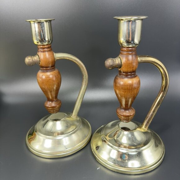 Primitive Style Wood And Metal Swivel Candle Stick Holder Set Vintage Decor VTG - Picture 15 of 16